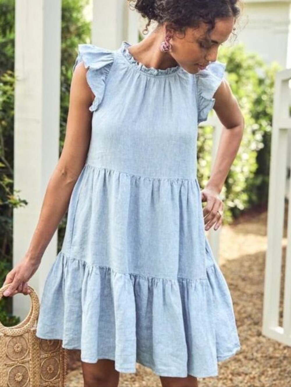 LAKE Helen 100% Linen Mini Dress Tiered Ruffle Blue Preppy Coastal Size XS